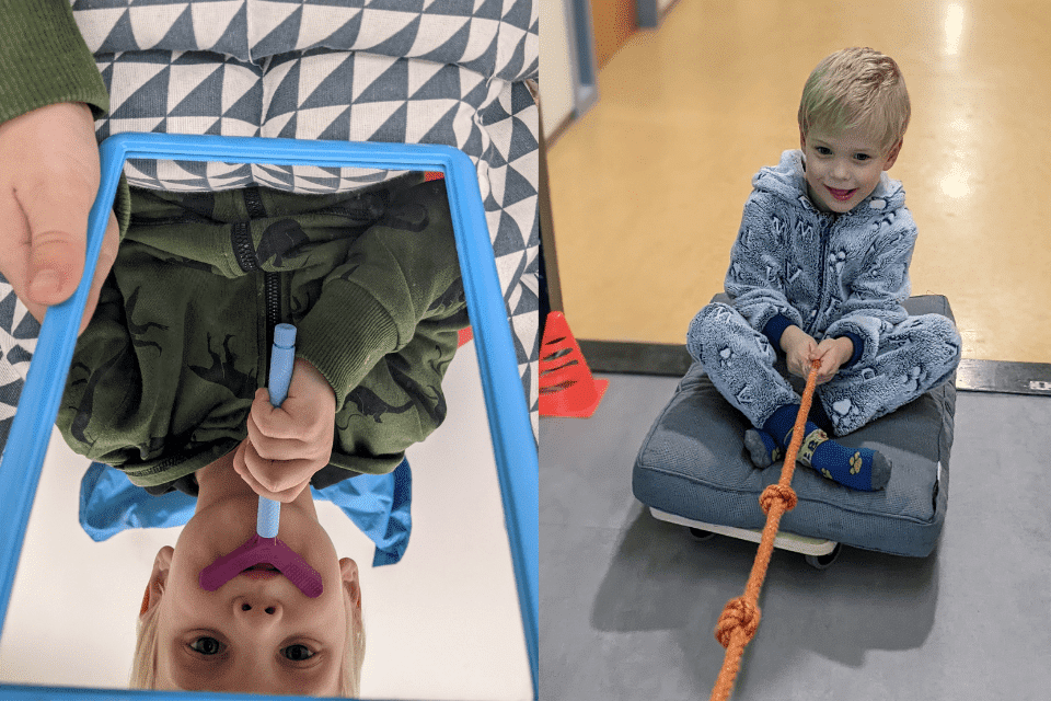 Een foto van SI therapie bestaande uit 2 foto's: links houd een jongen een mondtool tegen zijn mond voor de SI-therapie in het mondgebied en rechts zit een jongen op een rola met een touw in zijn handen en trekt zich naar de therapeut toe.