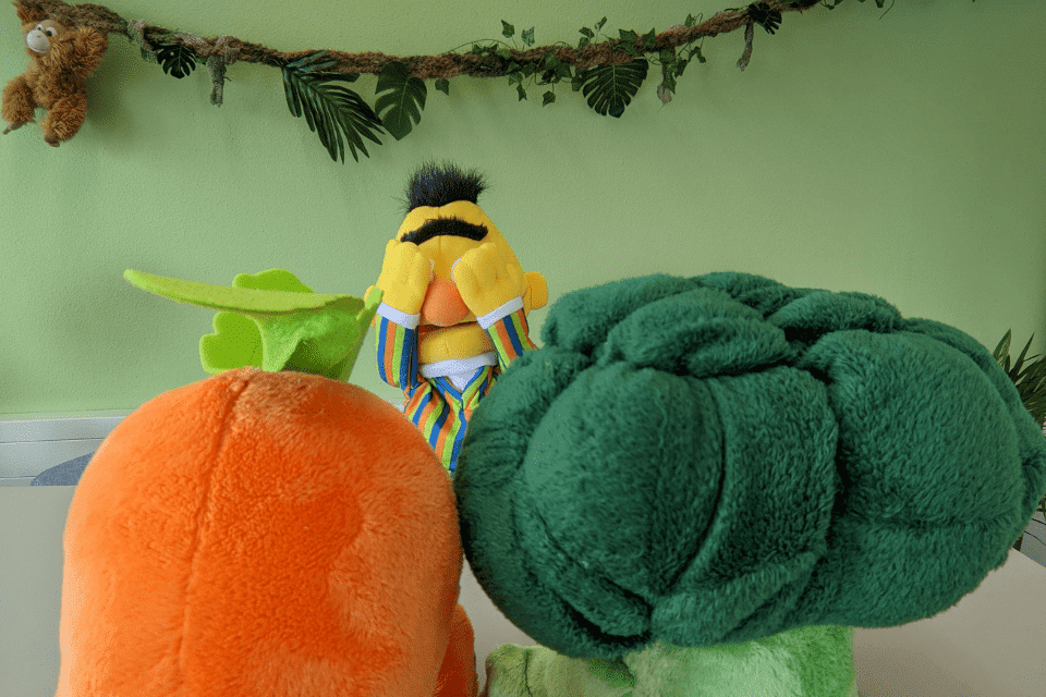 Je kind eet geen groente of fruit. Bert houdt zijn ogen dicht voor een broccoli en een wortel die op tafel zitten.